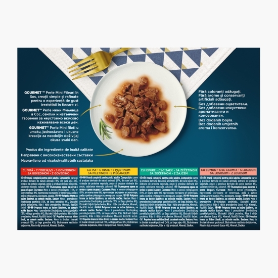 Hrană umedă pentru pisici Gourmet Perle Mini fileuri în sos, plicuri 12x85g, mix de arome (vită, pui, iepure, somon)