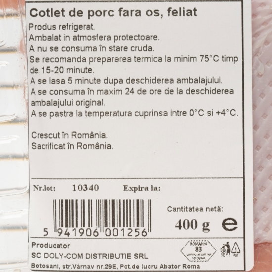Cotlet de porc fără os, feliat 400g