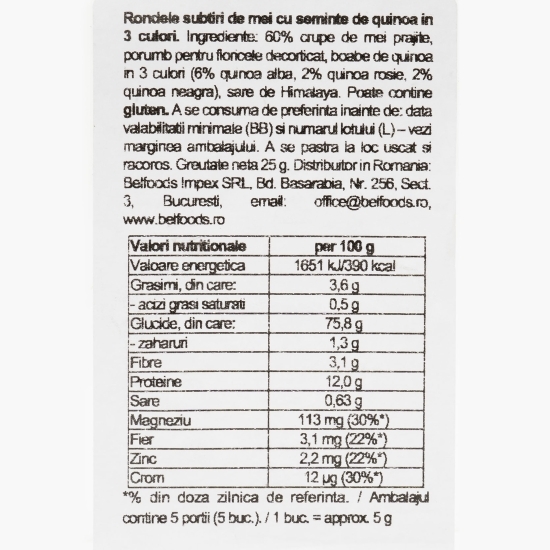 Rondele subțiri de mei cu semințe de quinoa în 3 culori 25g