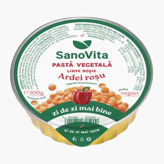 Pastă vegetală tartinabilă din linte roșie cu ardei roșu 100g