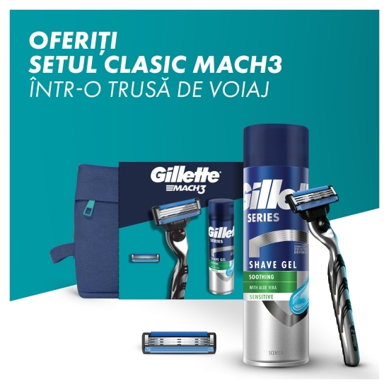 Set cadou Mach3: aparat de ras + 1 lamă de rezervă + gel de ras cu efect calmant 75ml + trusă de voiaj