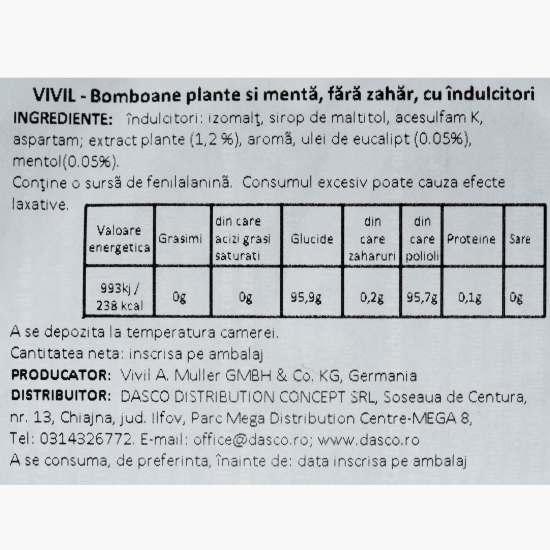 Bomboane fără zahăr cu aromă de plante naturale și mentă, 60g