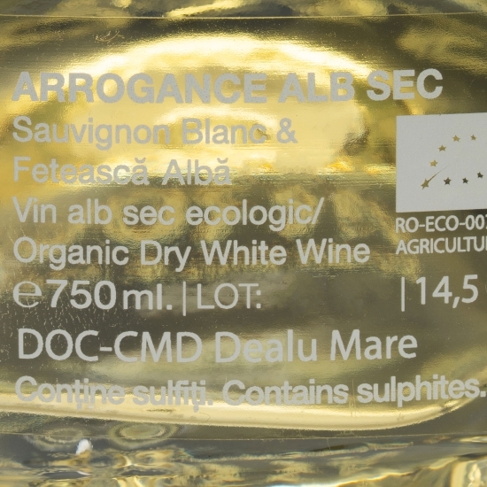 Vin alb sec eco Arrogance, Sauvignon Blanc & Fetească Albă, 14.5%, 0.75l