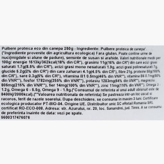Pulbere proteică eco din cânepă 250g