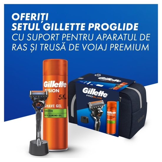 Set cadou Proglide: aparat de ras + gel de ras Fusion Ultra Sensitive 200ml + suport aparat de ras + trusă de voiaj