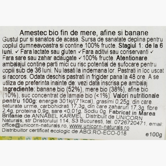 Piure eco din mere, afine și banane, pentru copii 6+ luni, 100g