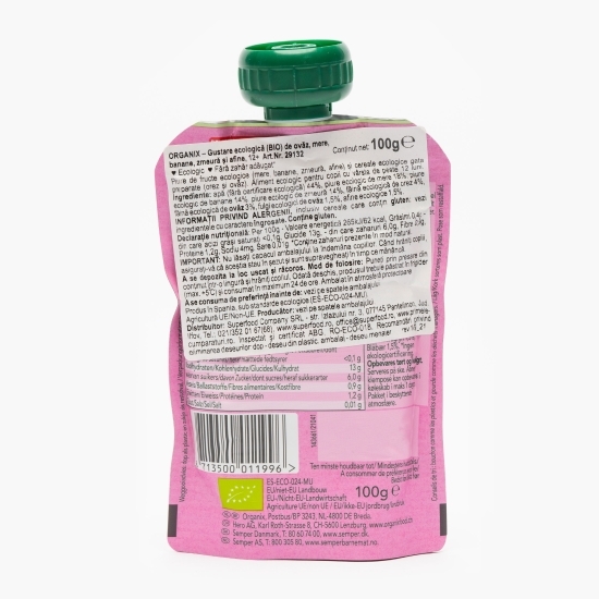 Piure ecologic de ovăz, mere, banane, zmeură și afine, 12+ luni, 100g