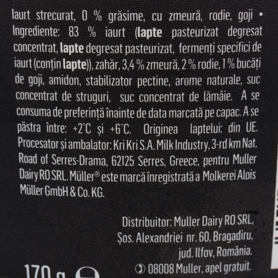 Iaurt proteic cu zmeură, rodie și goji, 0% grăsimi, 170g