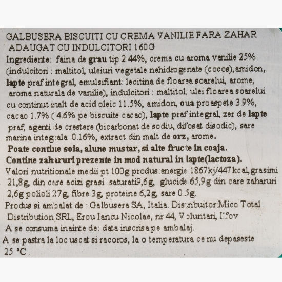 Biscuiți cacao cu cremă de vanilie, fără zahăr 160g