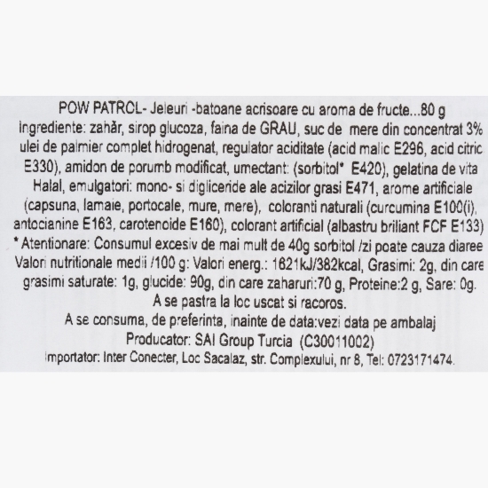 Jeleuri batoane acrișoare cu aromă de fructe Paw Patrol Sparkles Sticks 80g