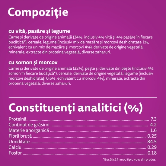Hrană umedă pentru pisici adulte 4x85g, Tasty Mix cu vită, pasăre și legume, cu somon și morcov