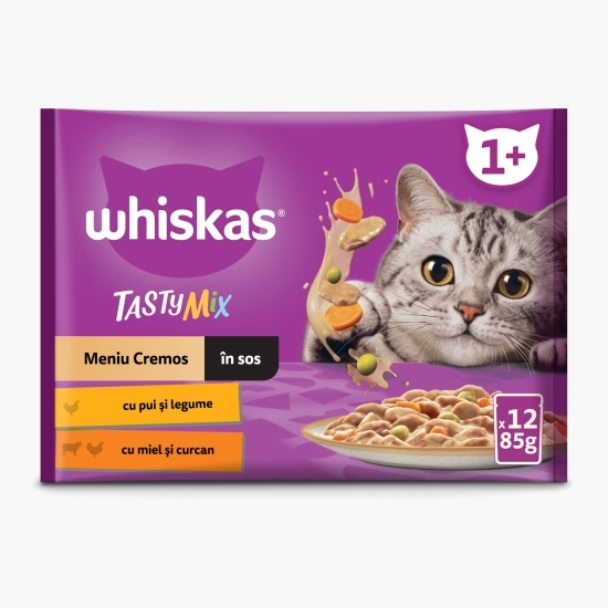 Hrană umedă pentru pisici adulte, 12x85g, Tasty Mix Creamy Creations cu pui și legume, miel și curcan