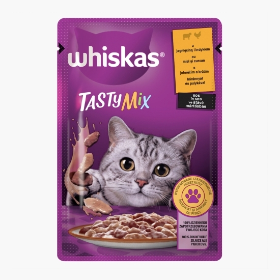 Hrană umedă pentru pisici adulte, 85g, Tasty Mix cu miel și curcan în sos 85g