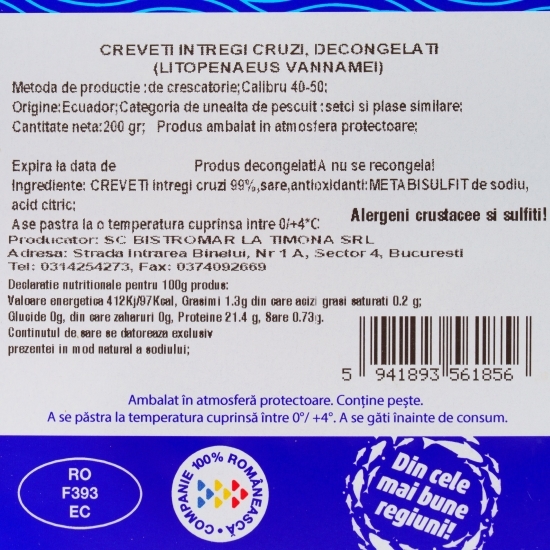 Creveți întregi cruzi, calibru 40/50,  200g