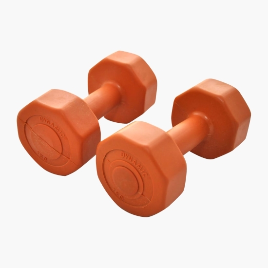 Set de 2 gantere fitness Dynamic, coating plastic, 1 kg, portocaliu