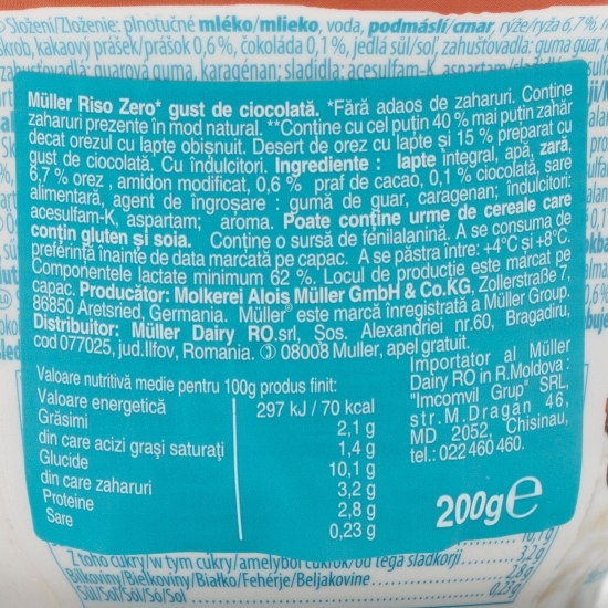 Orez cu lapte și gust de ciocolată fără zahăr adăugat 200g
