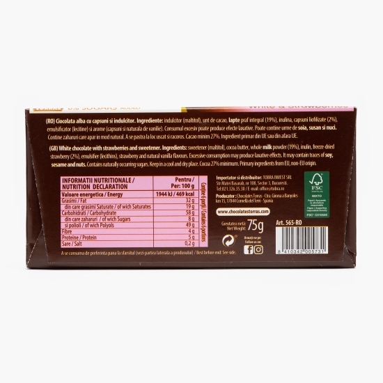 Ciocolată albă cu căpșuni, fără zahăr adăugat 75g