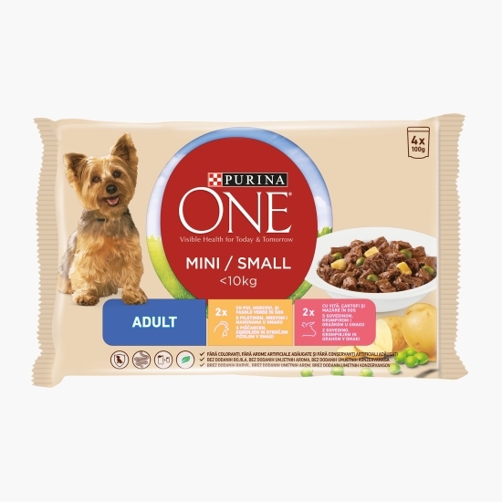 Hrană umedă pentru câini mini adult, 4x100g, pui, morcov, fasole verde și vită, cartofi, mazare în sos