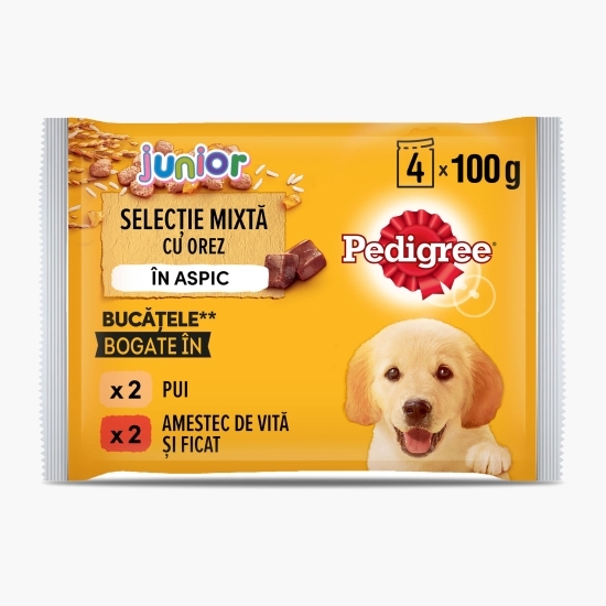 Hrană umedă pentru câini juniori, 4x100g, selecție de carne cu orez în aspic