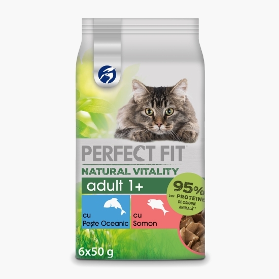 Hrană umedă pentru pisici, 6x50g, Natural Vitality  Adult 1+, cu pește oceanic și somon