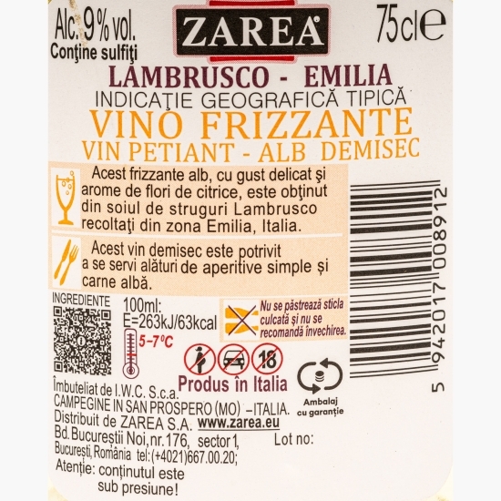 Vin petiant alb demisec Lambrusco Bella Vita, 9%, 0.75l