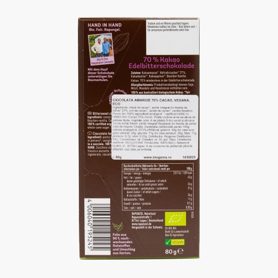 Ciocolată amăruie eco vegană 70% cacao, 80g