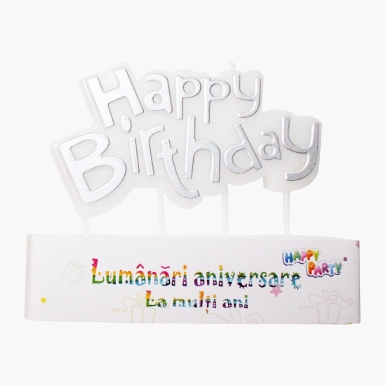 Lumânări aniversare „Happy Birthday”, argintii