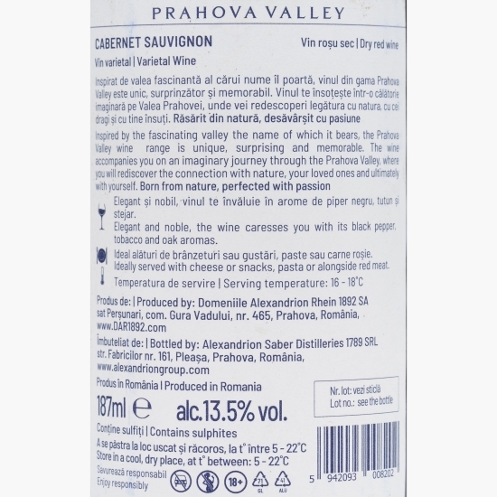 Vin roșu sec Cabernet Sauvignon, 13.5%, 0.187l