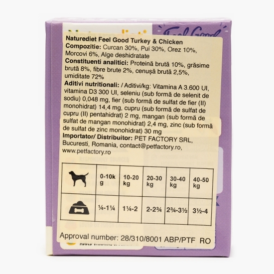 Hrană umedă pentru câini, pate, 390g, Feel Good cu curcan, pui, orez și morcov