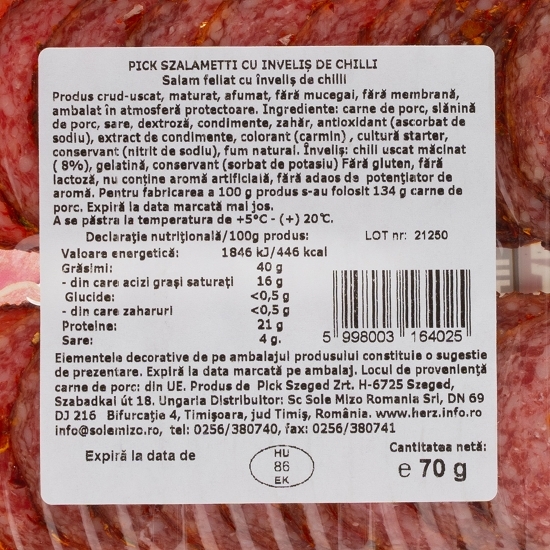 Salam cu înveliș de chilli, felii, 70g 