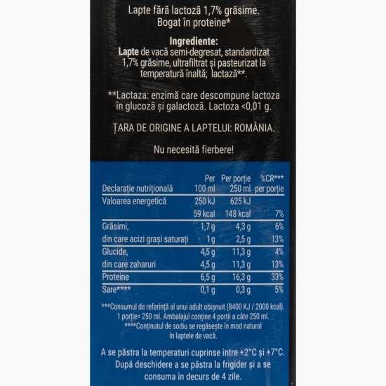 Lapte high protein, fără lactoză, 1.7% grăsime, 1l