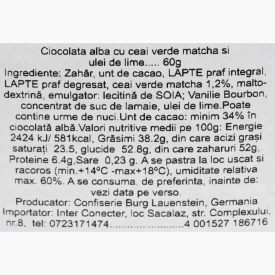 Ciocolată albă cu ceai verde matcha și ulei de lime 60g