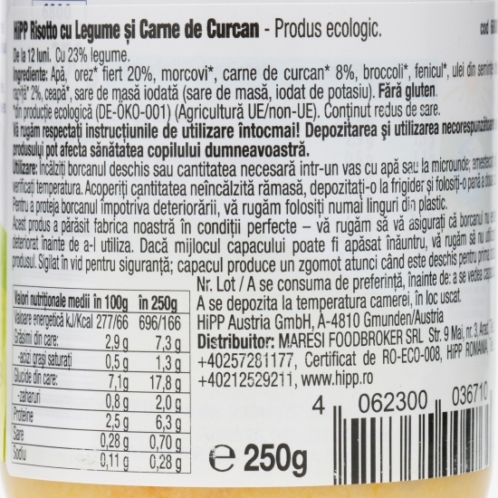 Meniu eco Risotto cu legume și curcan, +12 luni, 250g