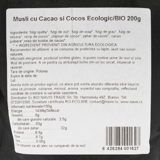 Musli cu cacao și cocos ecologic 200g