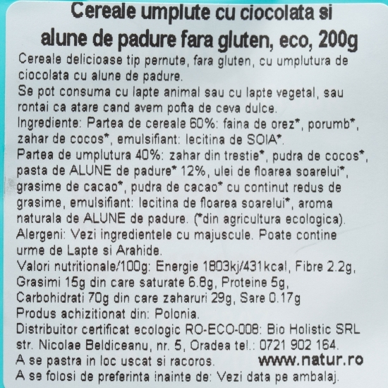 Cereale eco umplute cu ciocolată și alune de pădure, fără gluten 200g