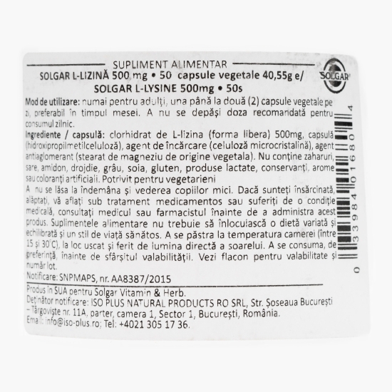 L-Lizină 500mg, 50 capsule vegetale