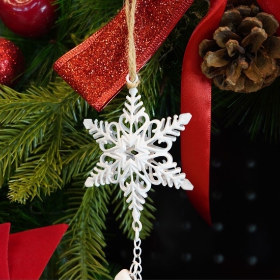 Ornament de brad Trei fulgi de nea, alb, metal, 30cm