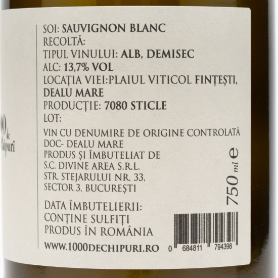 Vin alb demisec Sauvignon Blanc, 13.7%, 750ml