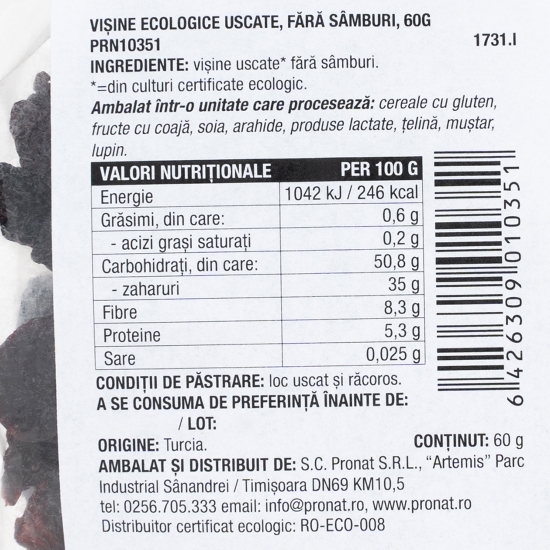 Vișine uscate ecologice fără sâmburi 60g