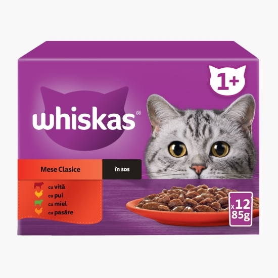 Hrană umedă pentru pisici adulte, 12x85g, Mese Clasice în sos cu vită, miel, pui, pasăre 
