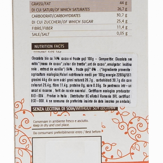 Ciocolată eco, 74% cacao, cu fructe goji 100g