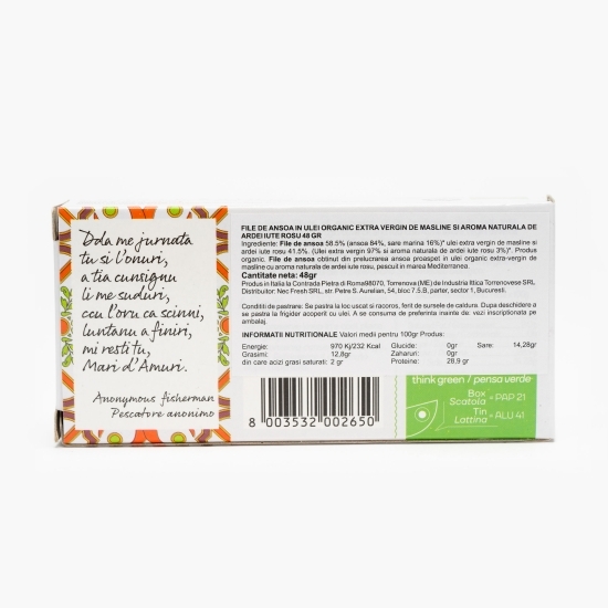 File de anșoa în ulei extravirgin de măsline și aromă naturală de ardei iute roșu, eco, 48g