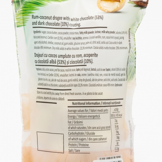 Drajeuri cu cocos umplute cu rom și acoperite cu ciocolată albă 80g