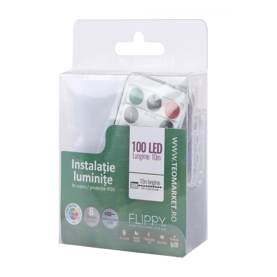 Instalație Crăciun, 10m, 100 LED-uri, multicolor, telecomanda 8 funcții, USB, fir cupru, liniar