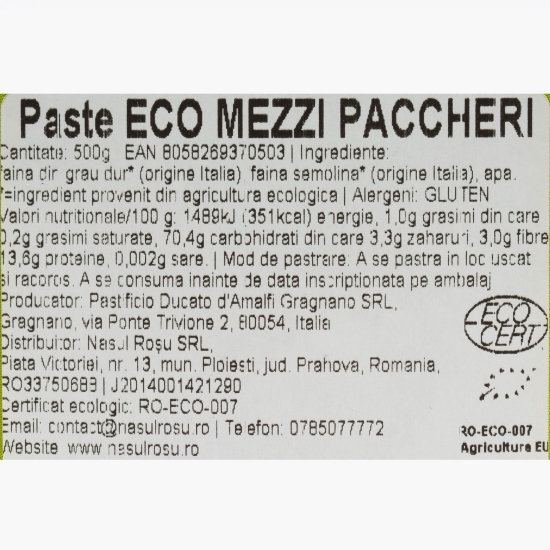 Paste artizanale Mezzi Paccheri, eco, 500g