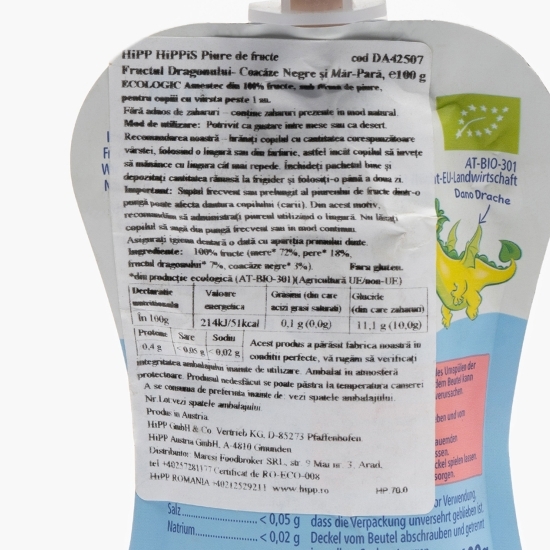Piure de fructe ecologic Fructul dragonului, +1 an, 100g