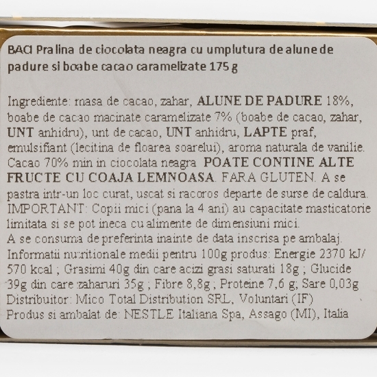 Praline ciocolată neagră cu alune de pădure și boabe de cacao caramelizate 175g