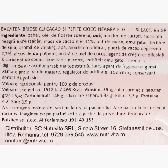 Brioșă de ciocolată cu pepite de ciocolată neagră, fără gluten și lactoză, 65g