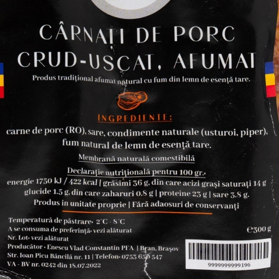 Cârnați de porc afumați, crud-uscați 300g