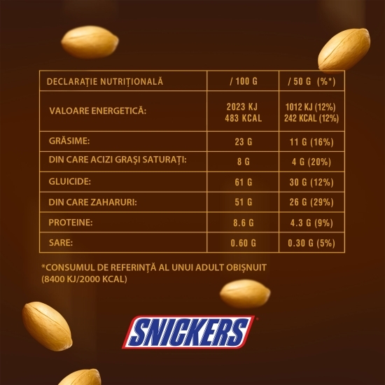 Baton de ciocolată cu lapte, cu caramel și arahide prăjite 2x37.5g